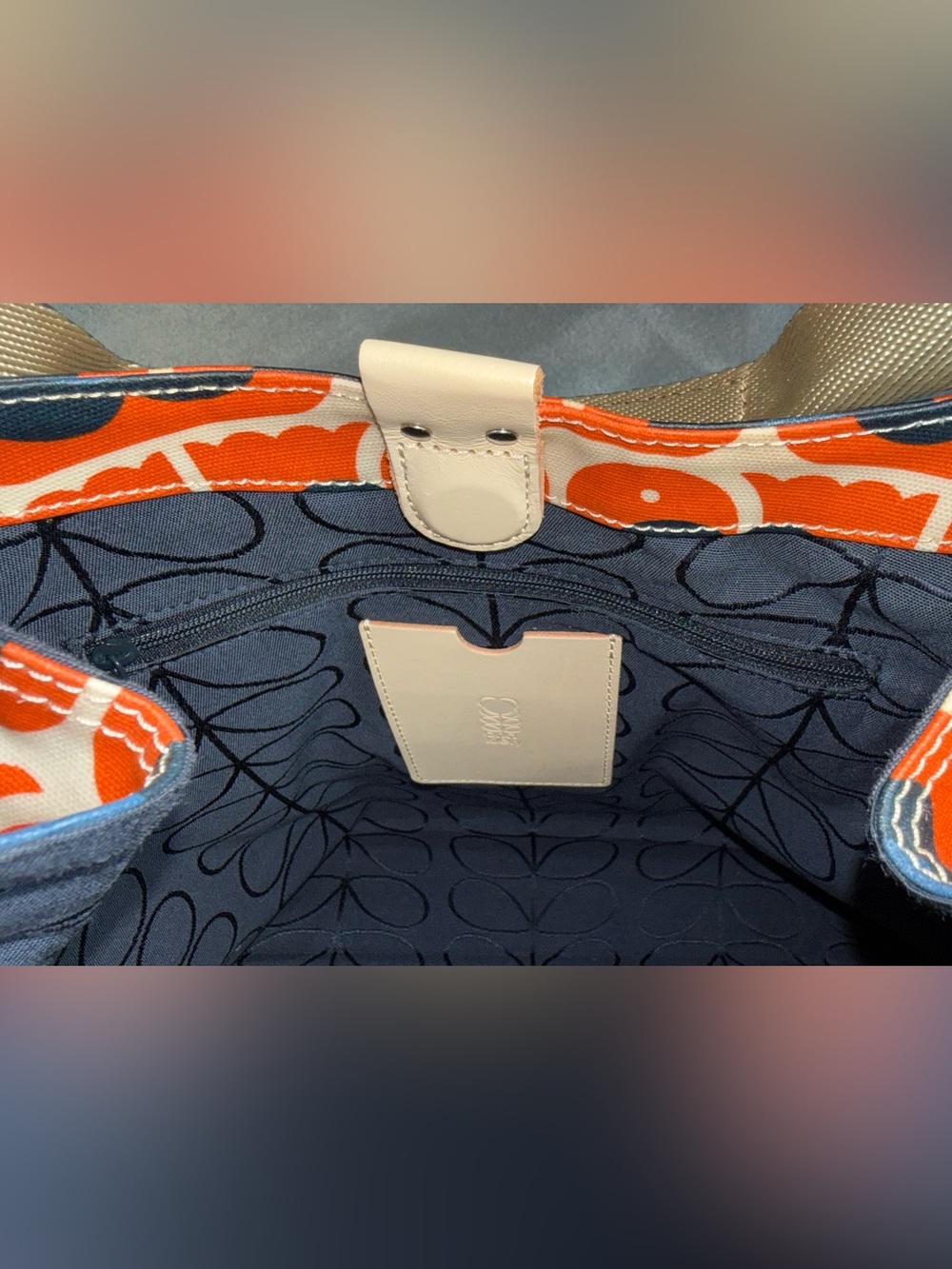 Orla Kiely Retro Lovebirds Orange/Blue Tote with  Waterproof Shell - Picture 10 of 11